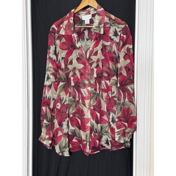 Jordan Woman's 2 Piece Long Sleeve 2X Floral Sheer Over Blouse Set Tropical - Picture 2 of 6
